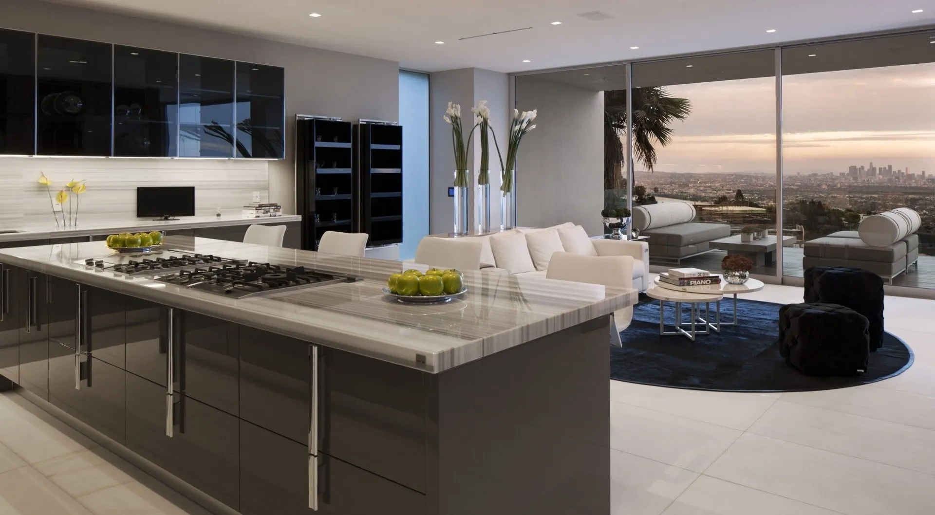 Kitchen and living area overlooking the sunset