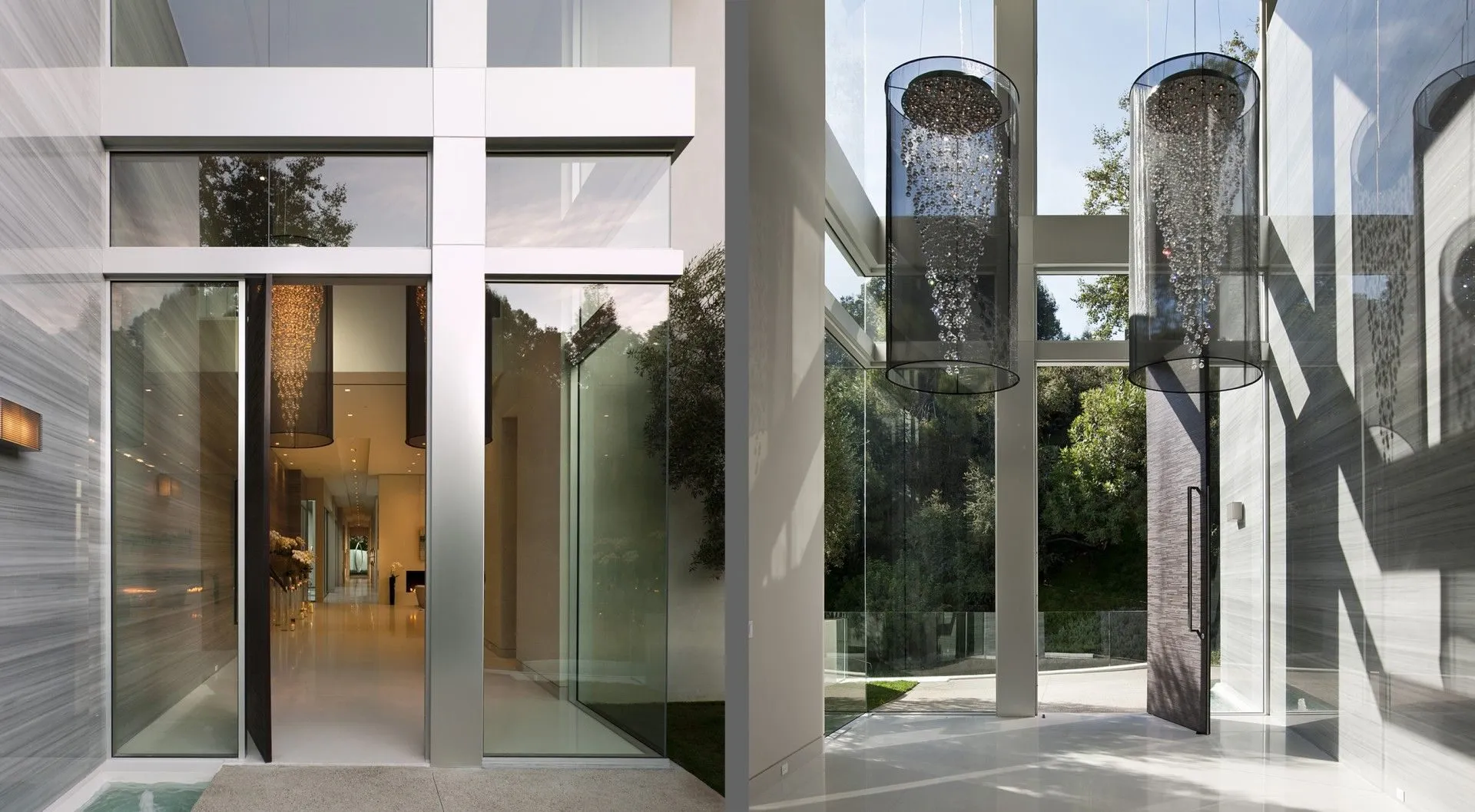 Glass entry framed by tall vertical architectural columns